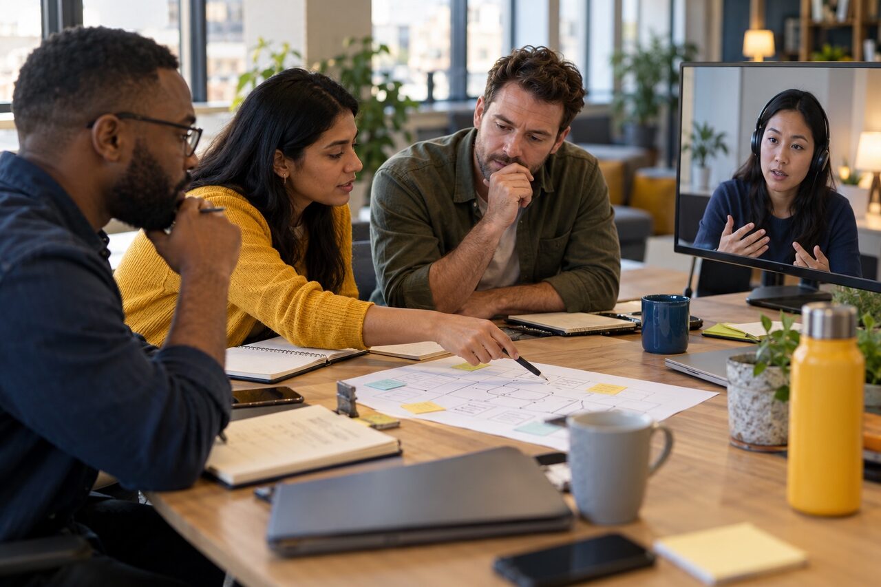A multidisciplinary team includes a remote colleague while working through a difficult booking issue together.